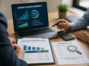 Spend management dashboard showing cost savings and tax recovery insights