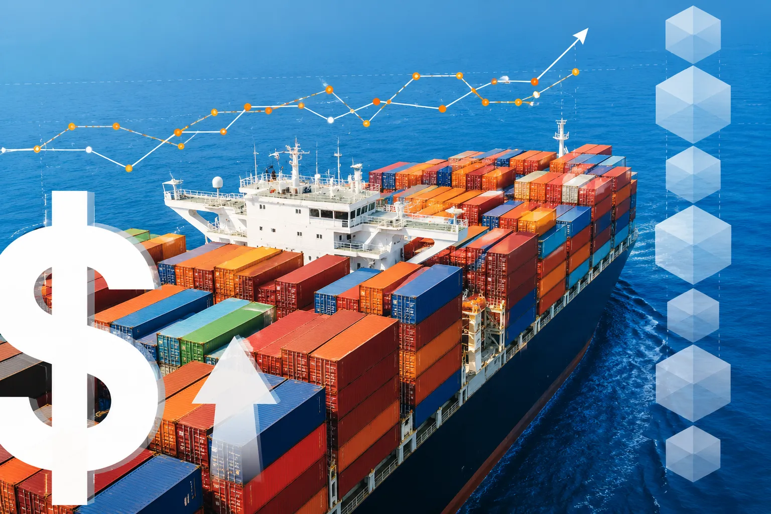 Container cargo ship carrying freight across the ocean with financial growth indicators, representing freight spend analysis, transportation profitability, and cost reduction services.