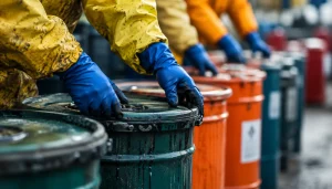 Workers handling industrial waste containers at a manufacturing facility, highlighting the importance of reviewing waste management services to control operational costs and improve efficiency.