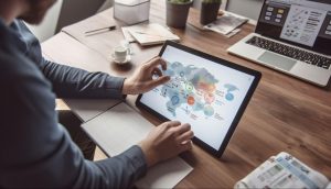 A business professional using a tablet displaying an interactive world map with logistics data icons, surrounded by a laptop and notebooks on a desk.