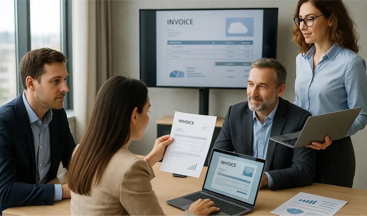 Cost reduction consultants reviewing invoices and vendor contracts with a CFO.