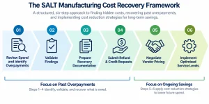 The SALT Manufacturing Cost Recovery Framework showing six steps manufacturers can use to identify overpayments, validate findings, prepare recovery documentation, submit refunds and credits, negotiate vendor pricing, and implement optimized service levels.