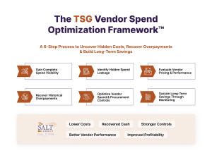 Six-step TSG Vendor Spend Optimization Framework showing spend visibility, cost leakage detection, vendor evaluation, overpayment recovery, procurement controls, and continuous monitoring.