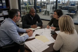 Finance team discussing vendor costs and potential overpayments with a cost reduction consultant.