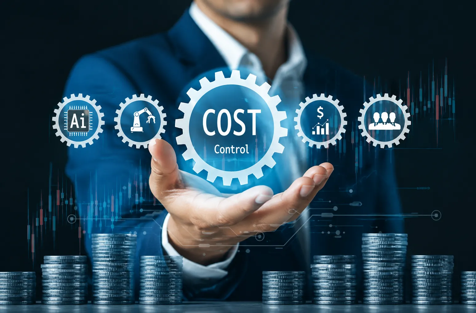 Business professional using a digital cost control interface to illustrate business spend control, with financial, efficiency, and savings icons.
