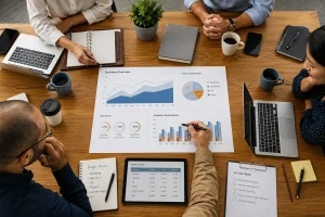 Business professionals examining financial charts, budget figures, and expense reports around a conference table for business spend control.