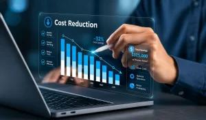Digital dashboard showing reduced costs, savings, and financial performance metrics following cost recovery actions and ongoing expense reductions.