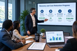 A business team reviews a recovery and cost-reduction plan showing validated recoveries, resolved supplier issues, renegotiated costs, and future savings from supplier spend analysis.