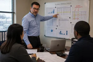 Finance team reviewing vendor invoices and pricing discrepancies with a cost reduction consultant.