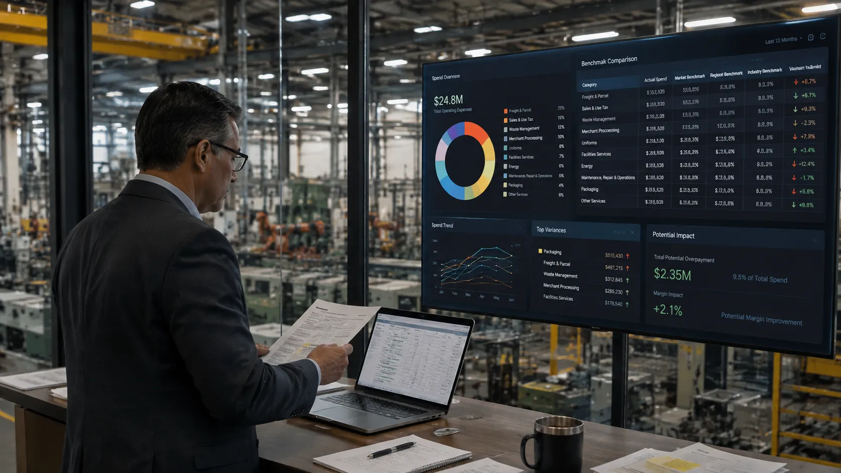 Finance executive reviewing vendor costs as part of cost reduction consulting in a manufacturing facility.