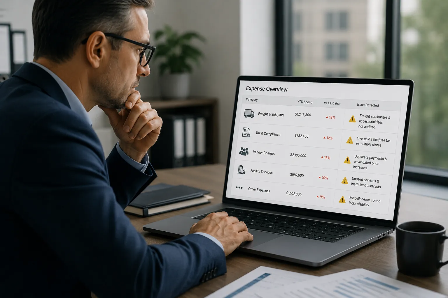 Finance professional reviewing hidden freight, tax, vendor, and facility expenses to support manufacturing cost reduction.