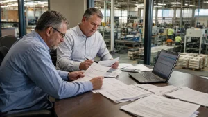 Finance professionals reviewing vendor invoices and contracts during cost reduction consulting at a manufacturing facility.