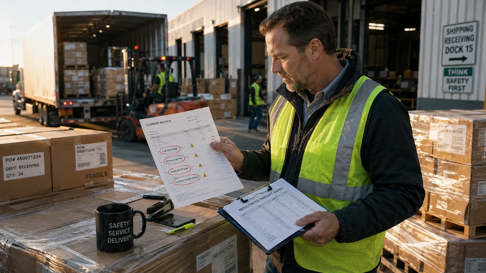 Logistics manager reviewing freight billing errors to support manufacturing cost reduction.