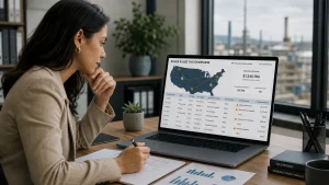 Finance professional analyzing a U.S. sales tax map and transaction data for manufacturing cost reduction.