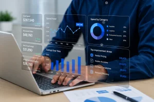 Professional tracking recovered value, recurring savings, and unresolved opportunities on a laptop dashboard for business spend control.