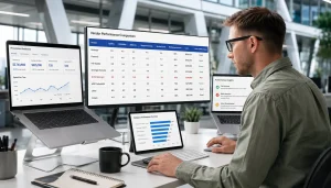 Procurement professional assessing vendor quality, reliability, delivery, and cost metrics on multiple screens for business spend control.