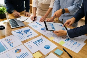 Finance team comparing financial charts and performance dashboards during a business spend control analysis.