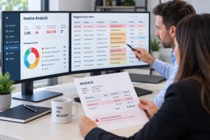 Two professionals review flagged invoice items and discrepancy data across dual monitors while comparing supporting billing documents during a supplier spend analysis.