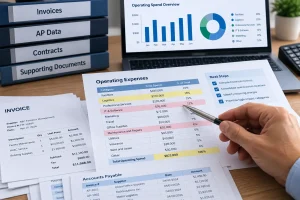 A professional reviews operating expense records, invoices, accounts payable data, and category spending on a desk and laptop during a supplier spend analysis.