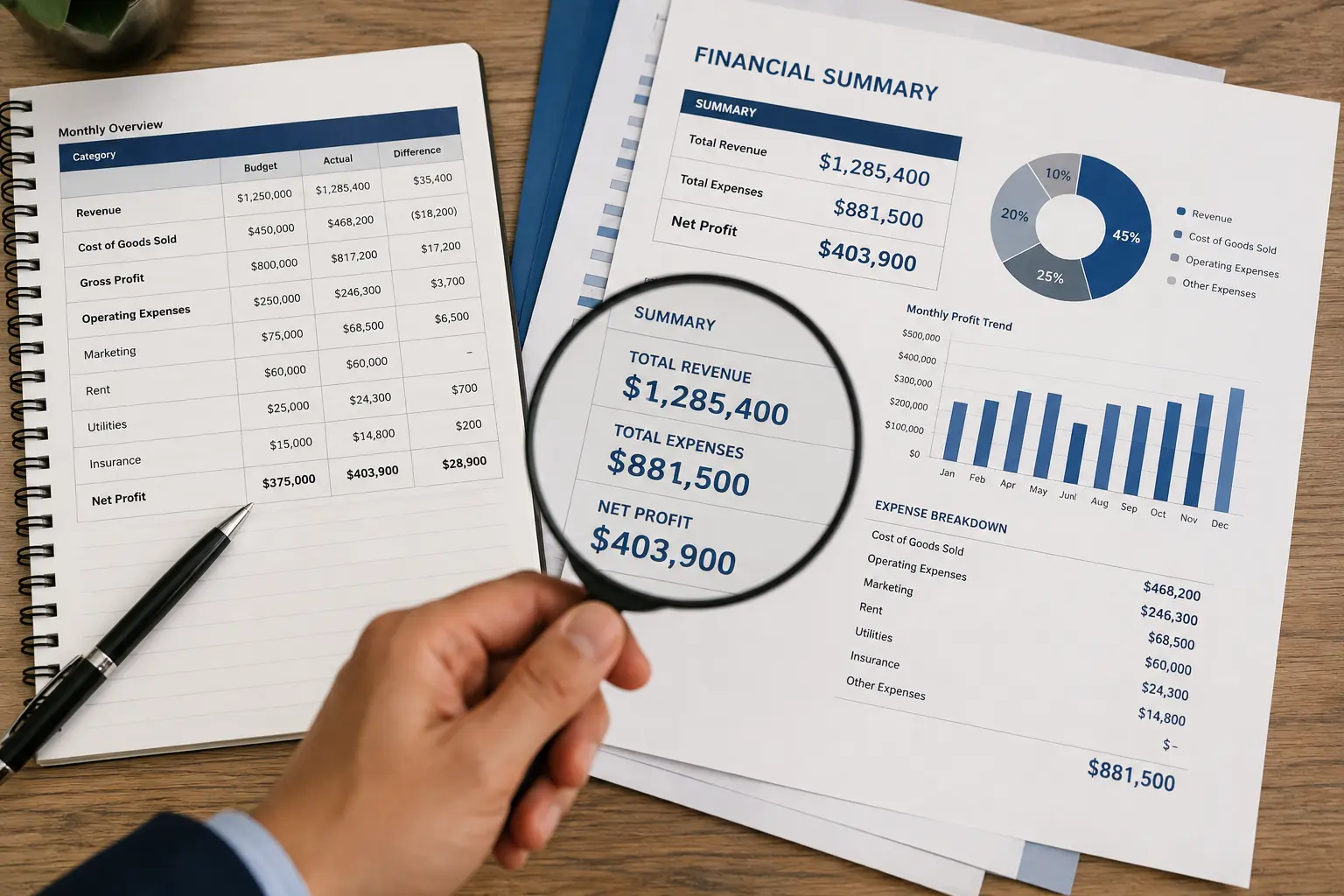 Financial reports showing revenue, expenses, and profit figures analyzed to identify potential cost recovery opportunities.
