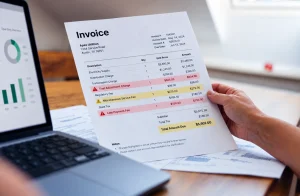 A professional reviews a Utilities invoice with red and yellow highlighted charges during a supplier spend analysis.
