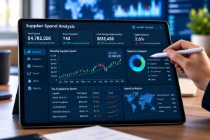 Supplier spend analysis dashboard showing supplier costs, spending trends, category breakdowns, and potential savings opportunities.