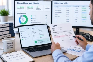 A finance professional compares a highlighted invoice charge with validated recovery figures, opportunity statuses, and projected annual savings displayed across multiple screens during a supplier spend analysis.