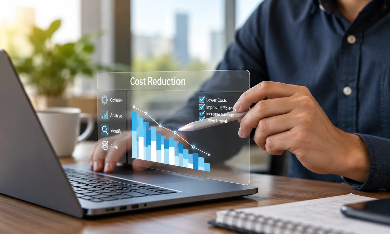 Professional reviewing a cost reduction consulting dashboard showing declining costs, savings opportunities, and efficiency metrics on a laptop.