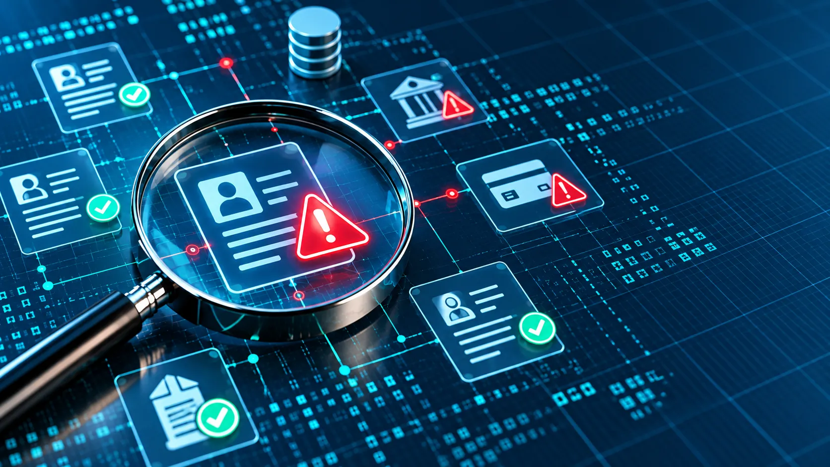 Magnifying glass highlighting a warning on a digital supplier record, illustrating accounts payable data risks.