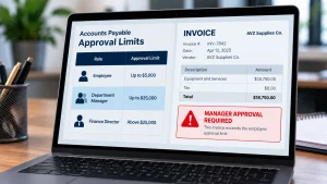 Laptop screen showing an invoice that requires manager approval under defined accounts payable approval limits.