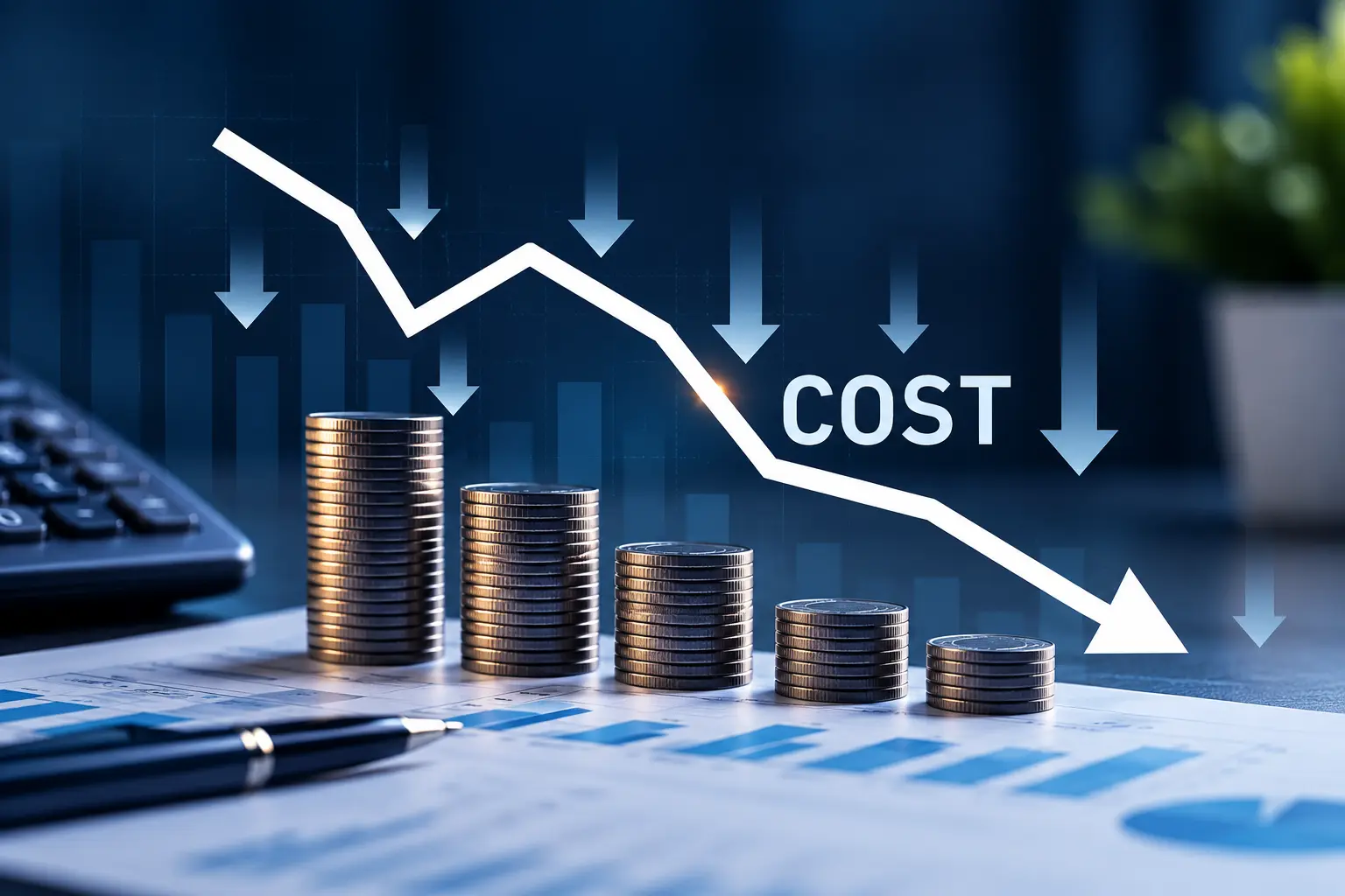 A descending line, downward arrows, and progressively smaller coin stacks illustrate a cost reduction trend on a financial chart.
