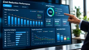 A financial dashboard displaying spending trends, savings realization, and expense categories for cost reduction analysis.