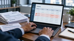 A finance professional reviews invoice records flagged as duplicates on a laptop, supporting accounts payable verification and payment accuracy.