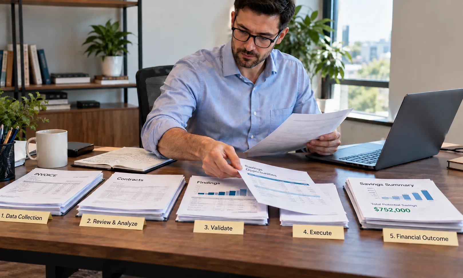Finance professional reviewing invoices, contracts, findings, and savings summaries as part of a cost reduction consulting process.