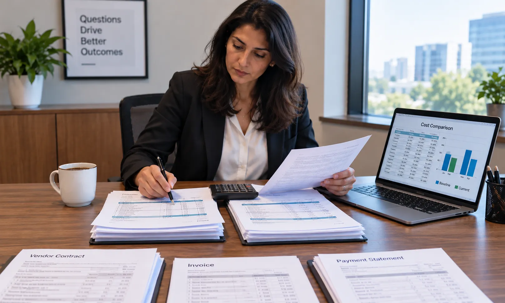 Finance professional comparing baseline and current cost figures on financial documents and a laptop during cost reduction consulting analysis.