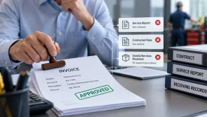A manager stamps an invoice approved despite missing service report verification, contract rate checks, and receiving records.