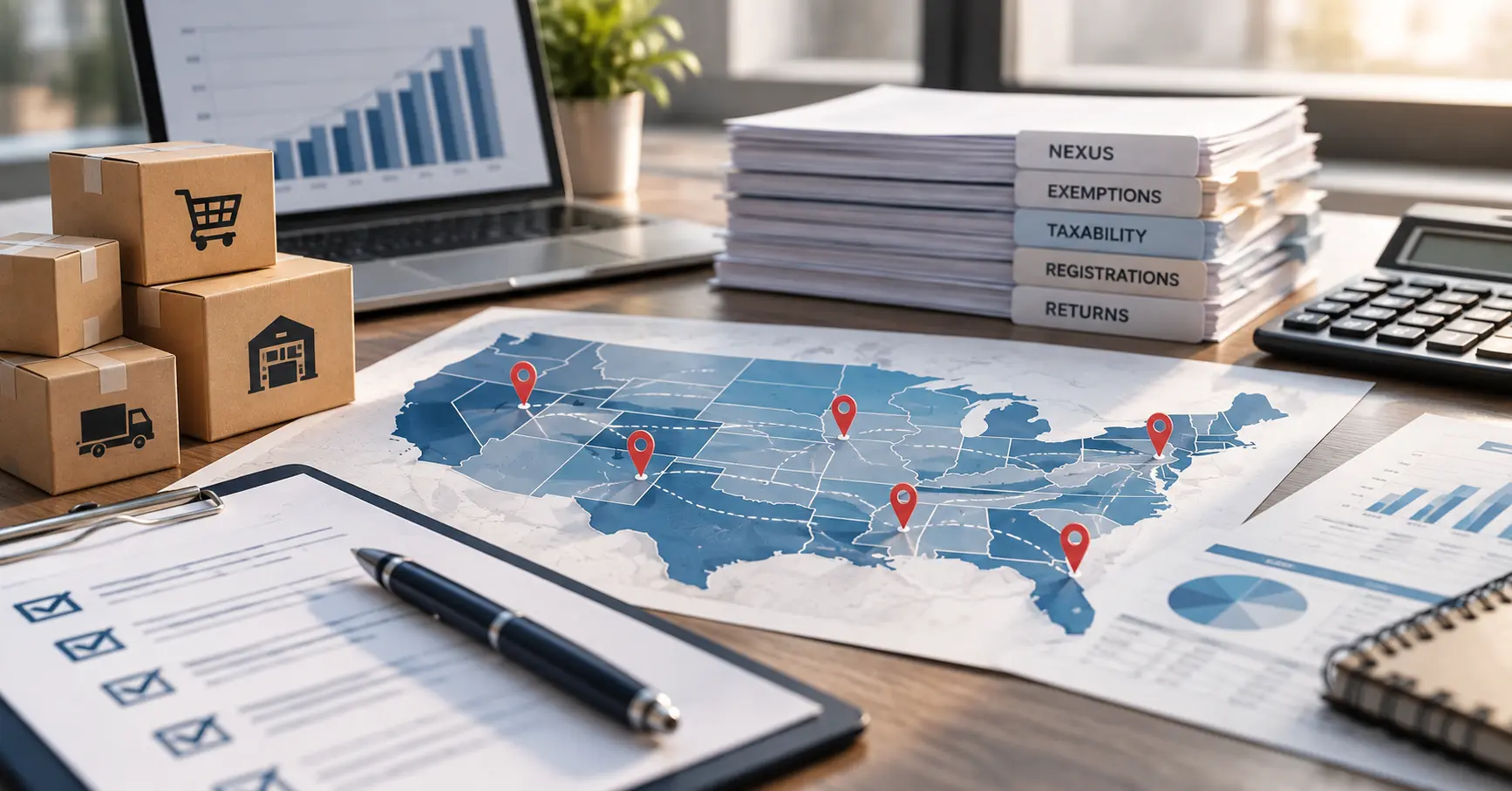A US map with marked business locations, shipping boxes, tax records, and financial charts illustrating sales tax compliance challenges during business expansion.