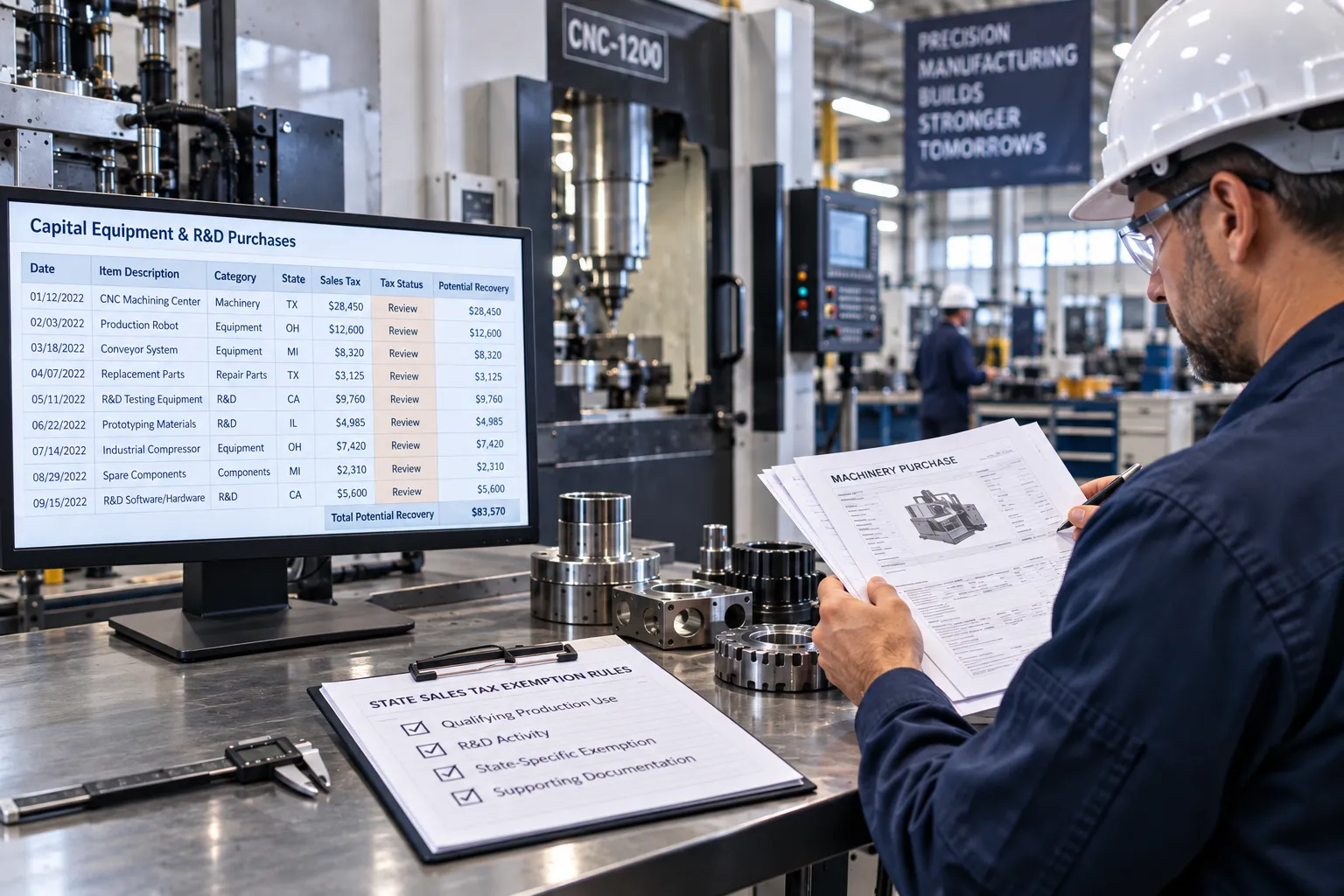 Manufacturing worker reviewing equipment purchases and exemption records for sales tax recovery.
