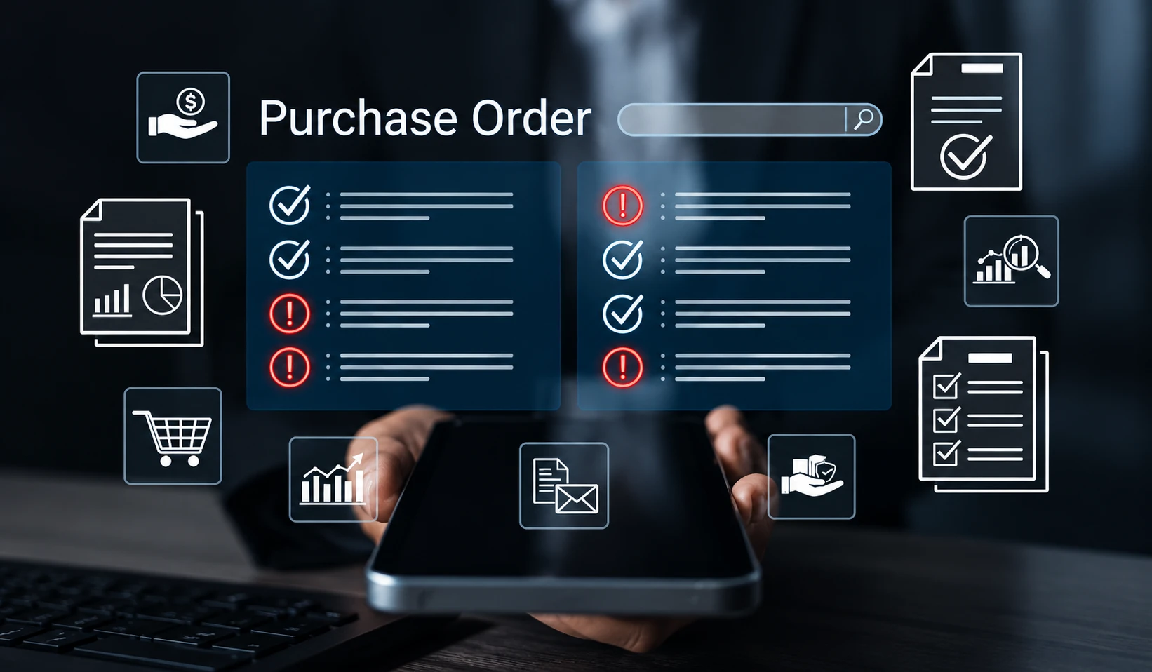 A digital purchase order dashboard displays checkmarks and warning icons, illustrating potential control issues in accounts payable.