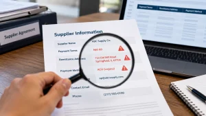 A magnifying glass highlights outdated supplier payment terms, remittance address, and payment method that could create accounts payable errors.