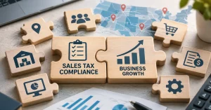 Wooden puzzle pieces featuring sales tax compliance and business growth, surrounded by icons representing geographic expansion, financial records, operations, and performance tracking.