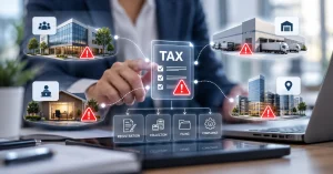 Sales tax compliance checklist connected to illustrations of remote employees, a new office, and a warehouse, with warning icons highlighting potential tax obligations.