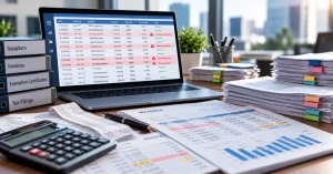  Laptop displaying a transaction spreadsheet with highlighted discrepancies, surrounded by supplier invoices, exemption certificates, and tax filing records for sales tax compliance review.
