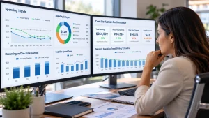 Finance professional reviewing spending trends, recurring savings, and expense performance on dashboards to monitor cost reduction.