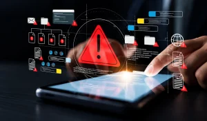 A digital dashboard displaying warning symbols and flagged documents, representing unauthorized changes in accounts payable approval workflows.