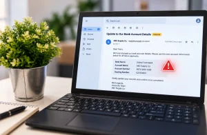 Laptop displaying a supplier email requesting bank-detail changes, with a red warning symbol highlighting a potential accounts payable fraud risk.