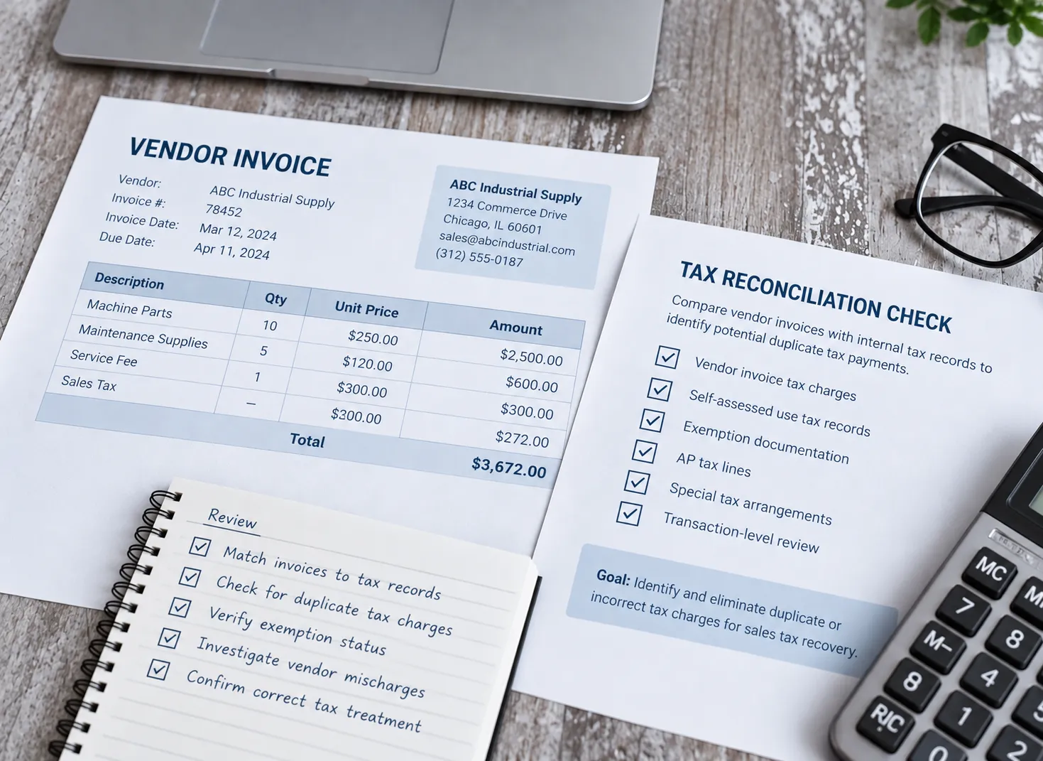 Vendor invoice and tax reconciliation checklist reviewed for a sales tax recovery analysis.