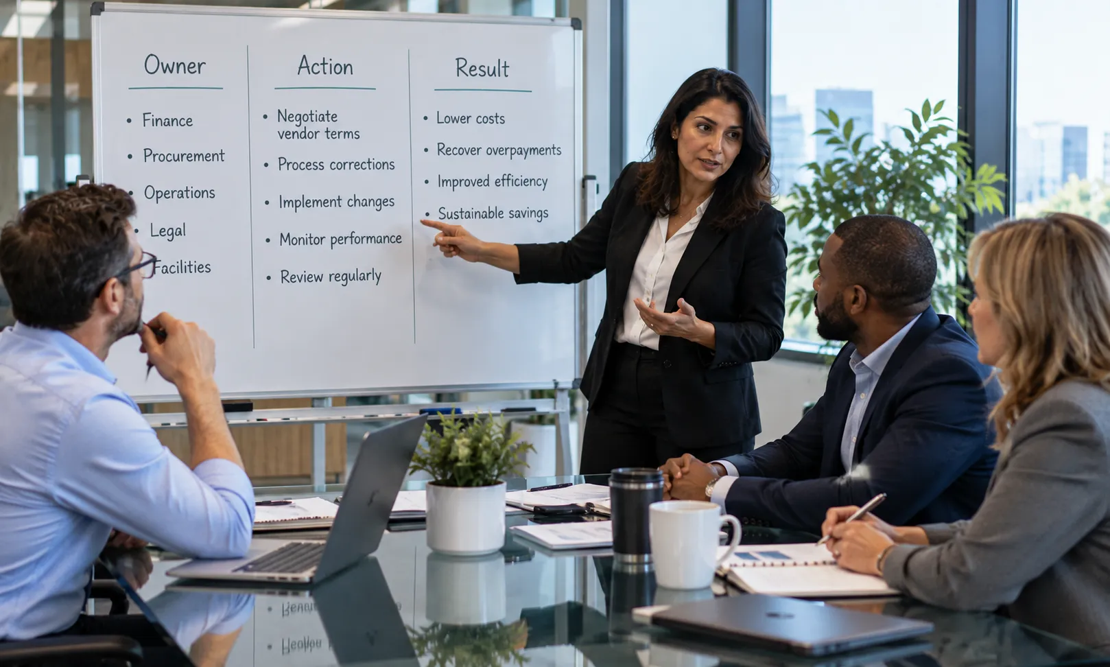 Cross-functional business team assigning owners and actions to move identified savings opportunities toward results through cost reduction consulting.